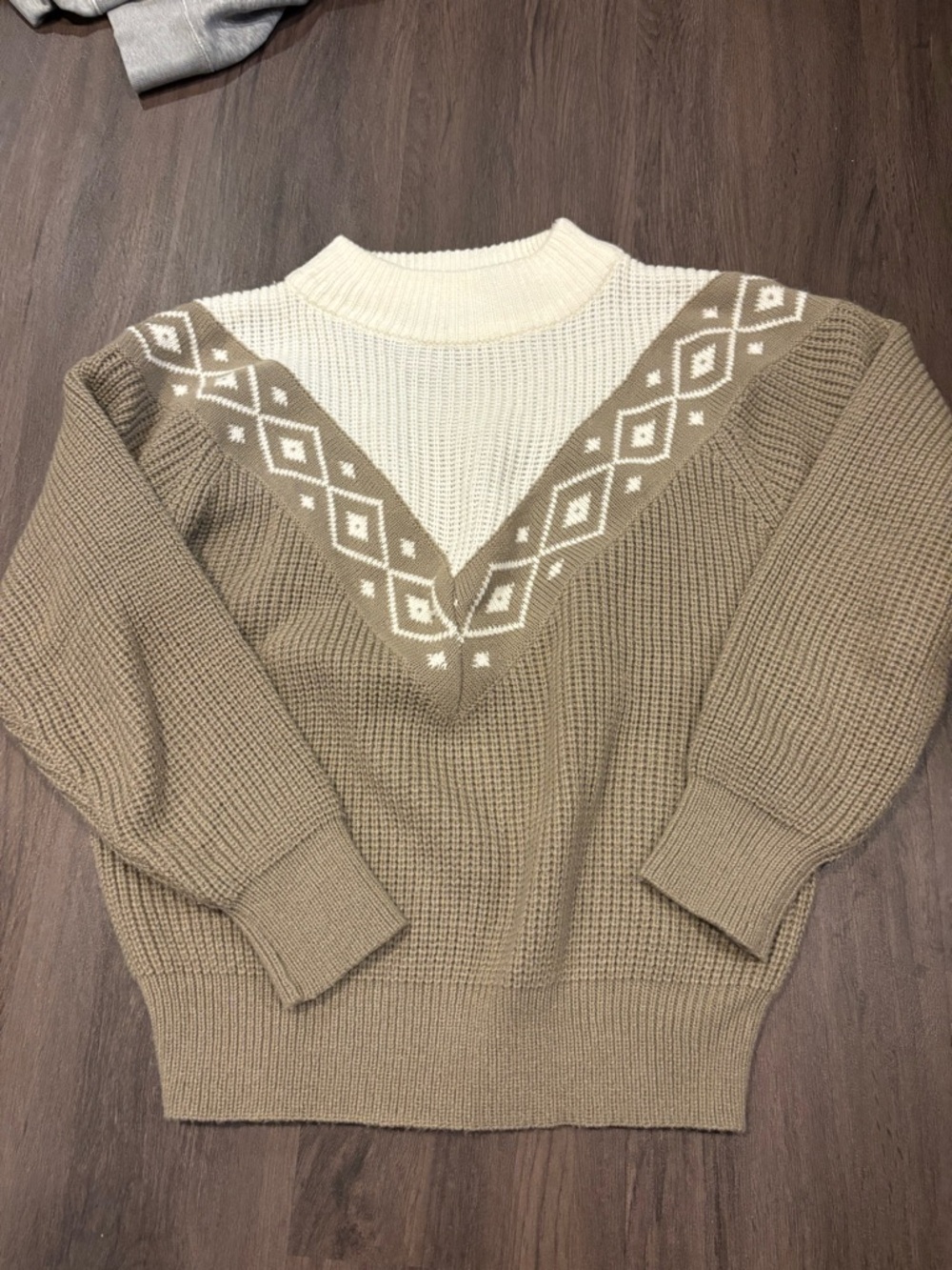 Cabin Creek Cream and Tan Crewneck Sweater with Geometric Yoke